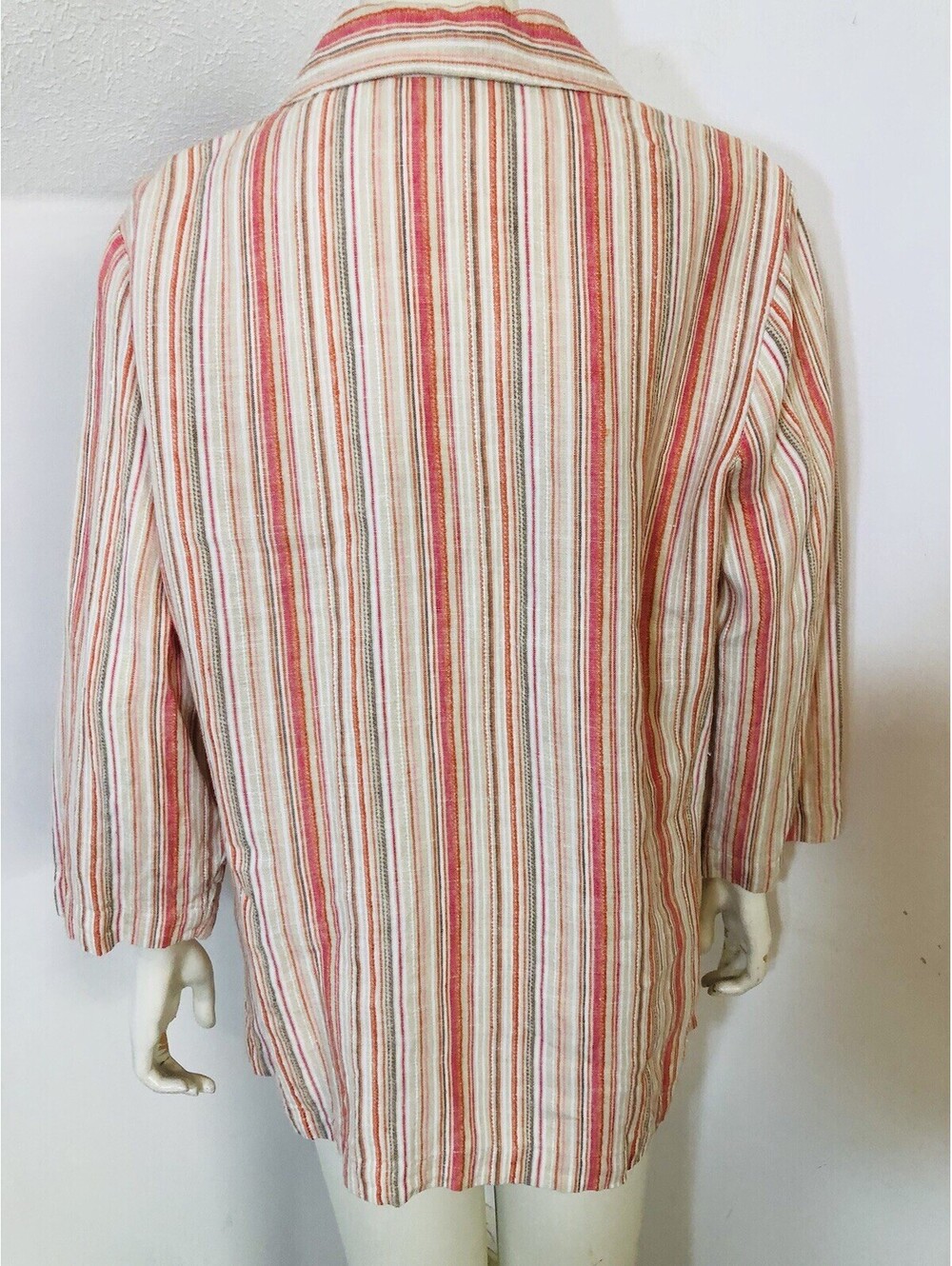 JM Collection Womens 16 Linen Blouse Multicolor Stripe 3/4 Sleeves Collar - Picture 4 of 8
